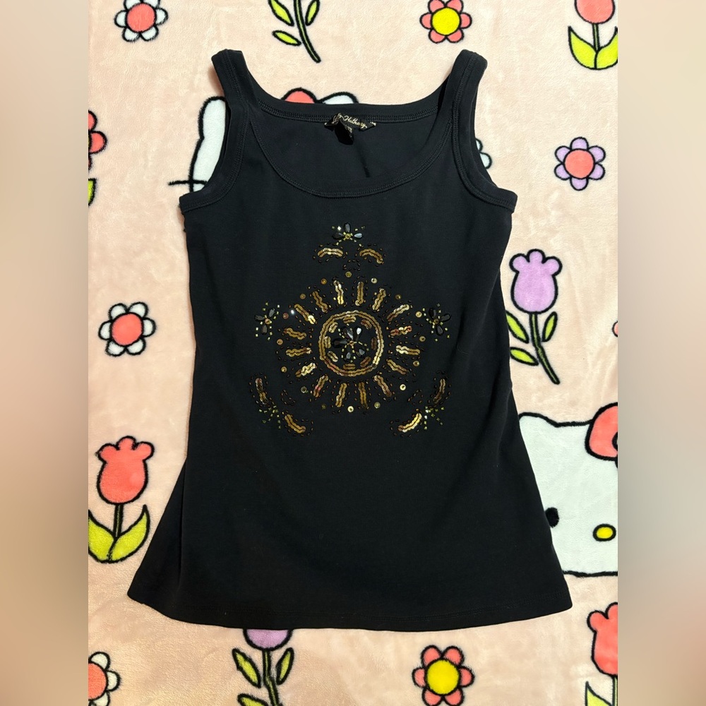 Vintage Black Fitted Tank Top with Gold Sun